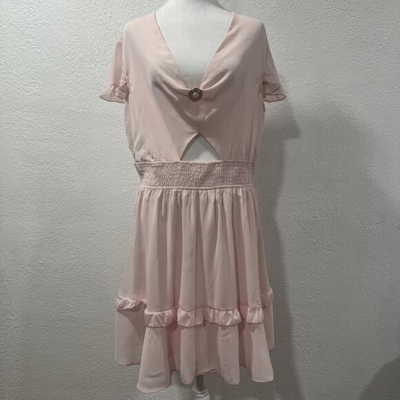 Pretty Garden Size XL Pink Dress Smoked Waist Flared Bottom Ruffle Sleeves Read - Picture 1 of 16